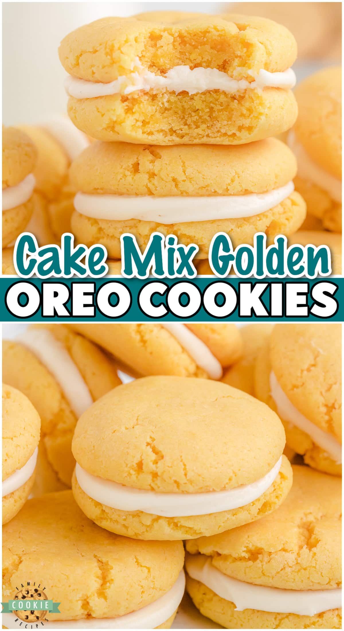 Simple recipe for Homemade Golden Oreo Cookies made with a yellow cake mix! Soft, perfectly sweet sandwich cookies that everyone goes crazy over!