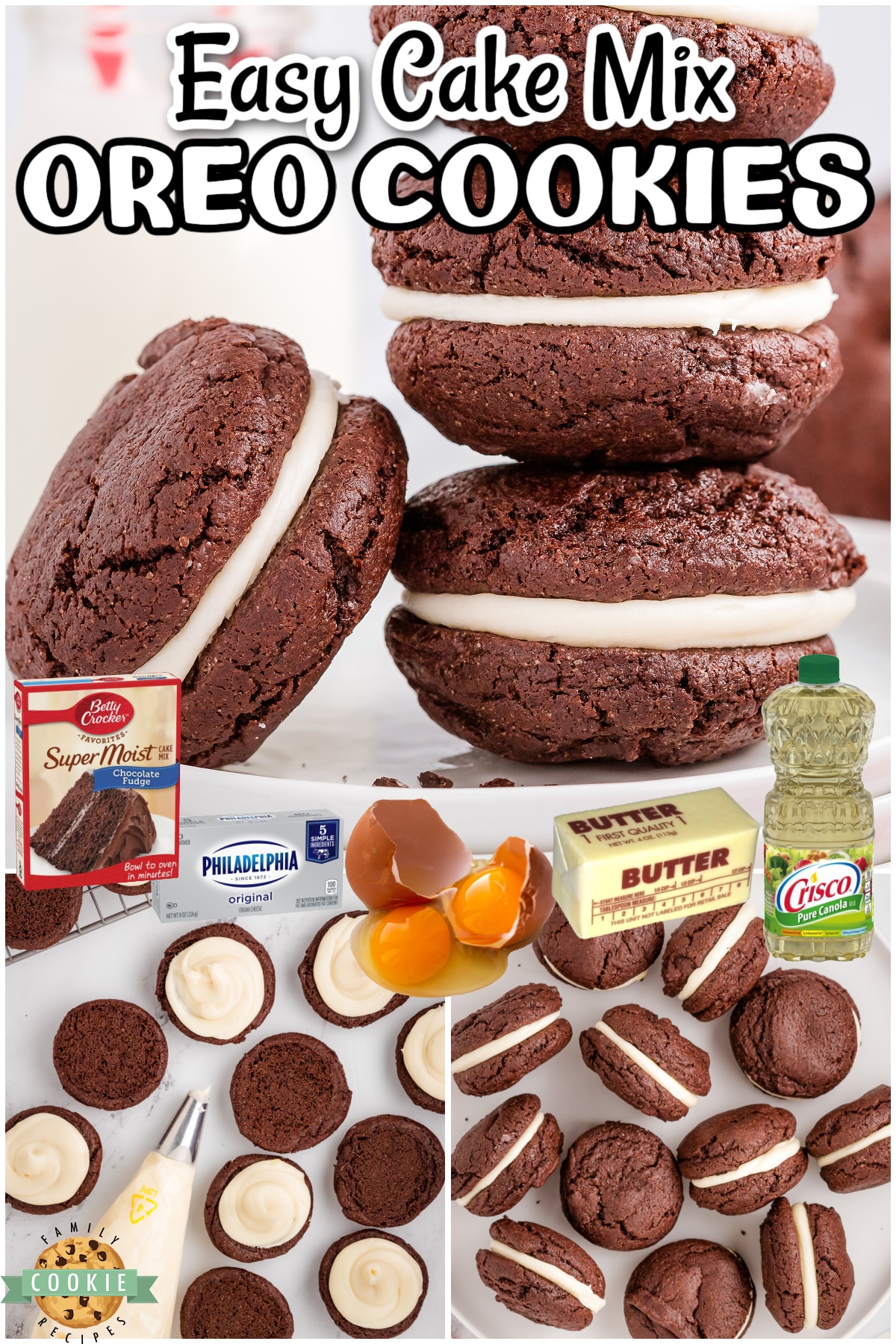Simple recipe for Easy Homemade Oreo Cookies made with a chocolate cake mix! Soft, perfectly sweet chocolate sandwich cookies that everyone goes crazy over!