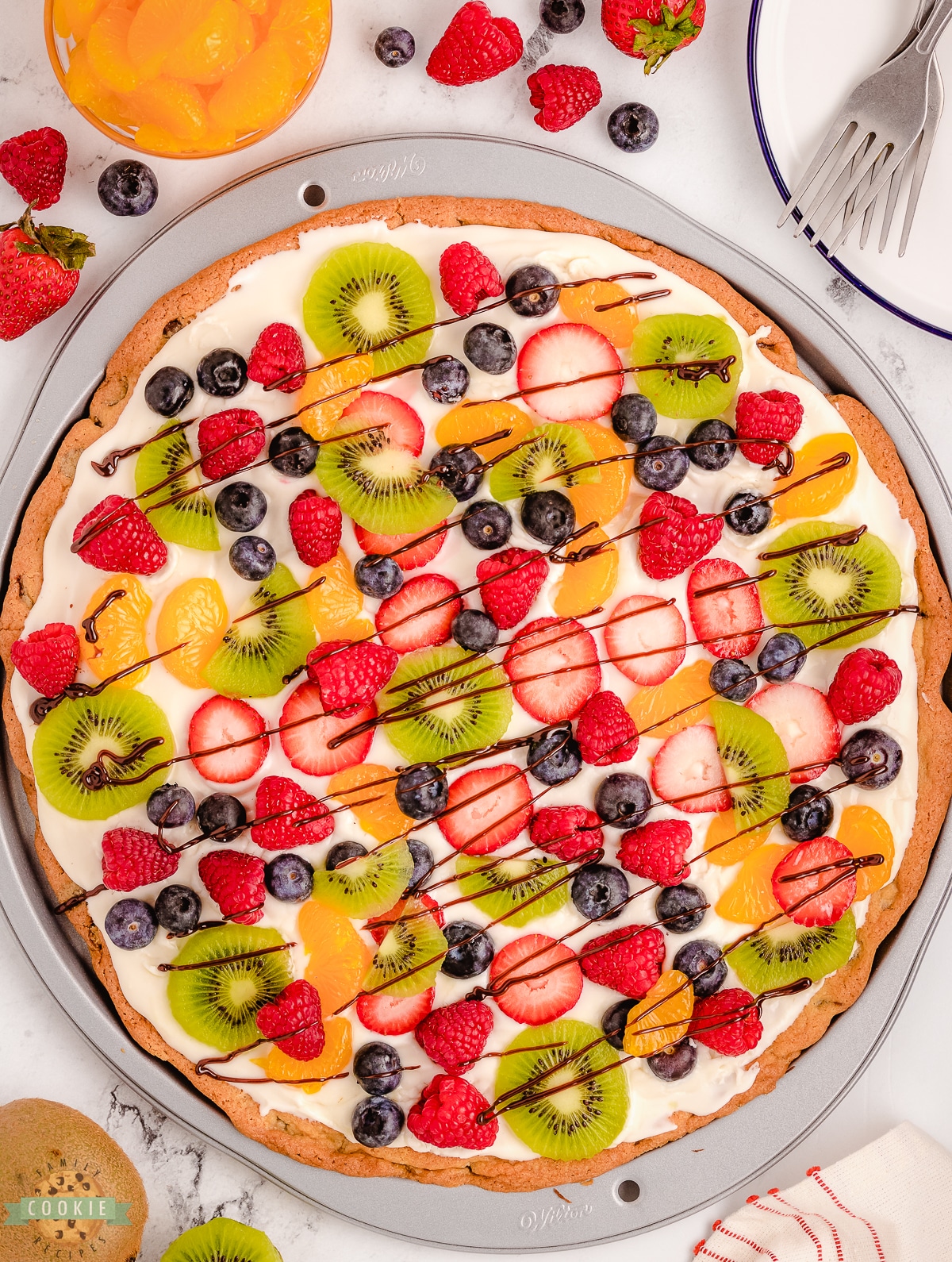 whole chocolate chip cookie pizza with fruit