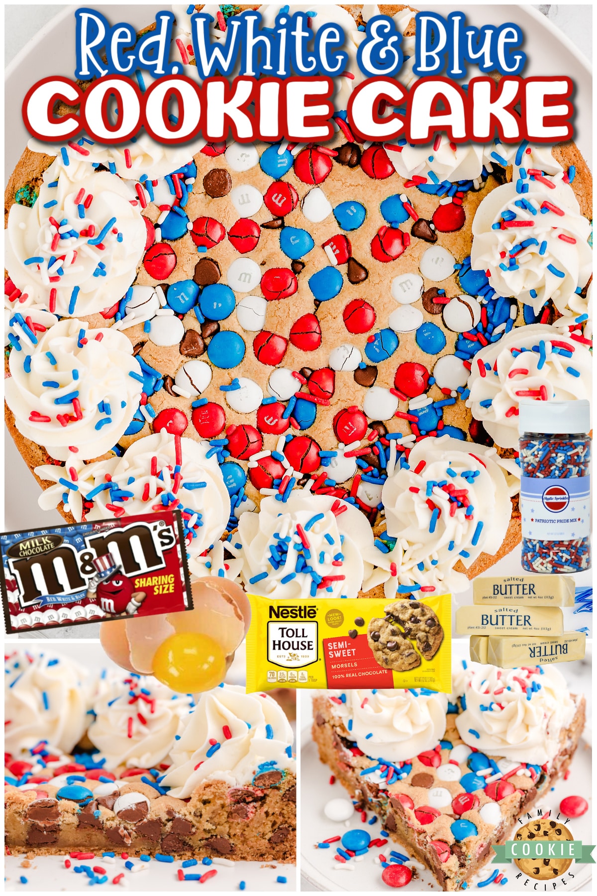 Fun, festive red, white & blue Patriotic Cookie Cake perfect for the 4th of July! Perfectly sweet, chewy M&M cookie dough baked & topped with buttercream frosting & sprinkles everyone loves! 
