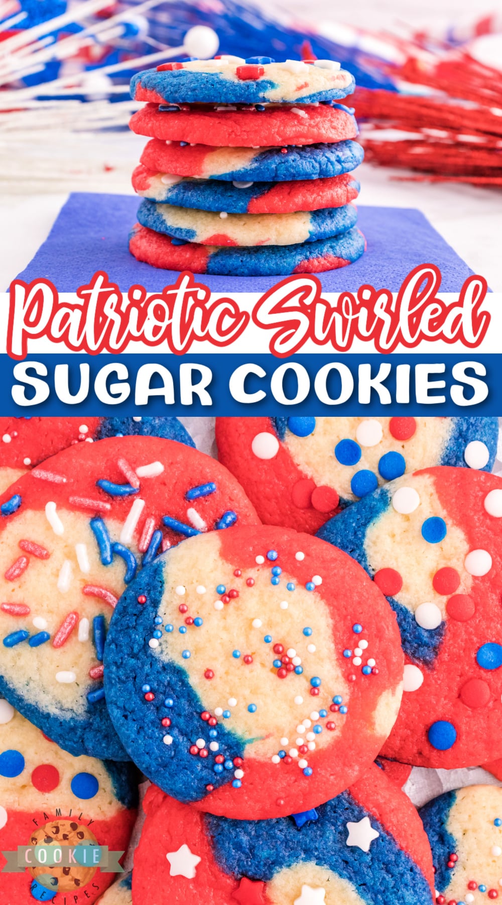 Patriotic Swirled Sugar Cookies are fun, festive and perfect for the Fourth of July, Memorial Day, or Labor Day. A delicious sugar cookie recipe that is perfect for the holidays!