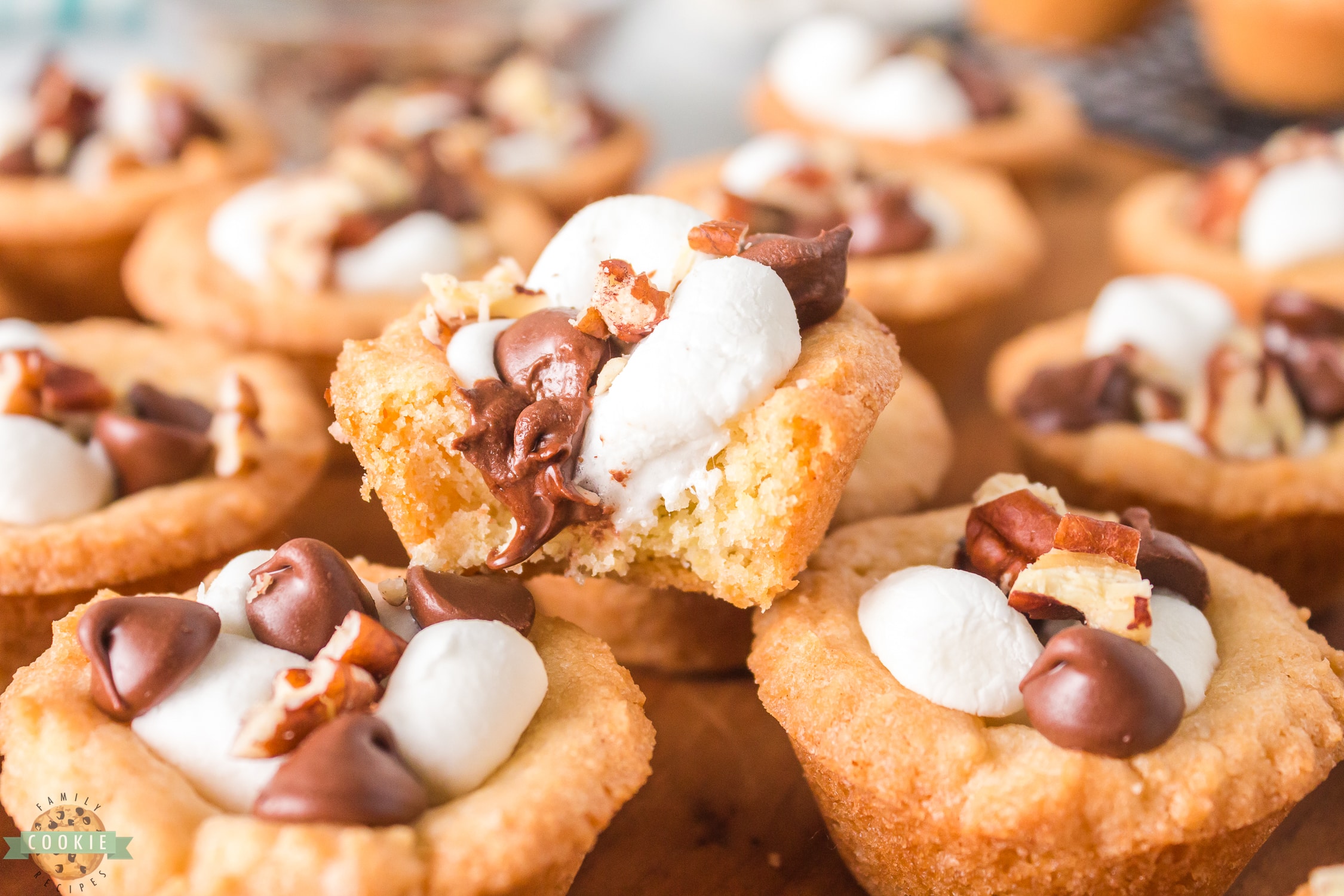 rocky road cookie cups with chocolate marshmallows and nuts