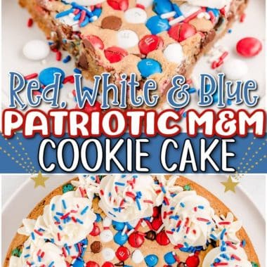 Fun, festive red, white & blue Patriotic Cookie Cake perfect for the 4th of July! Perfectly sweet, chewy M&M cookie dough baked & topped with buttercream frosting & sprinkles everyone loves!