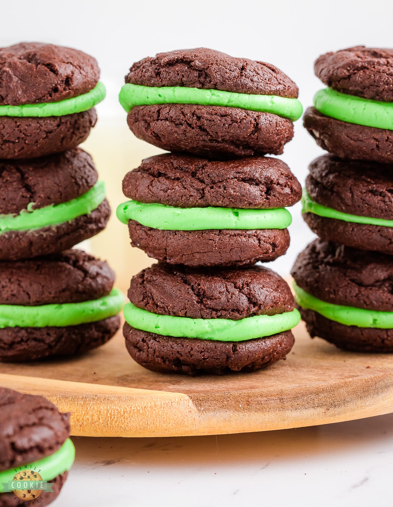 Stacks of mint oreo cookies made with cake mix.