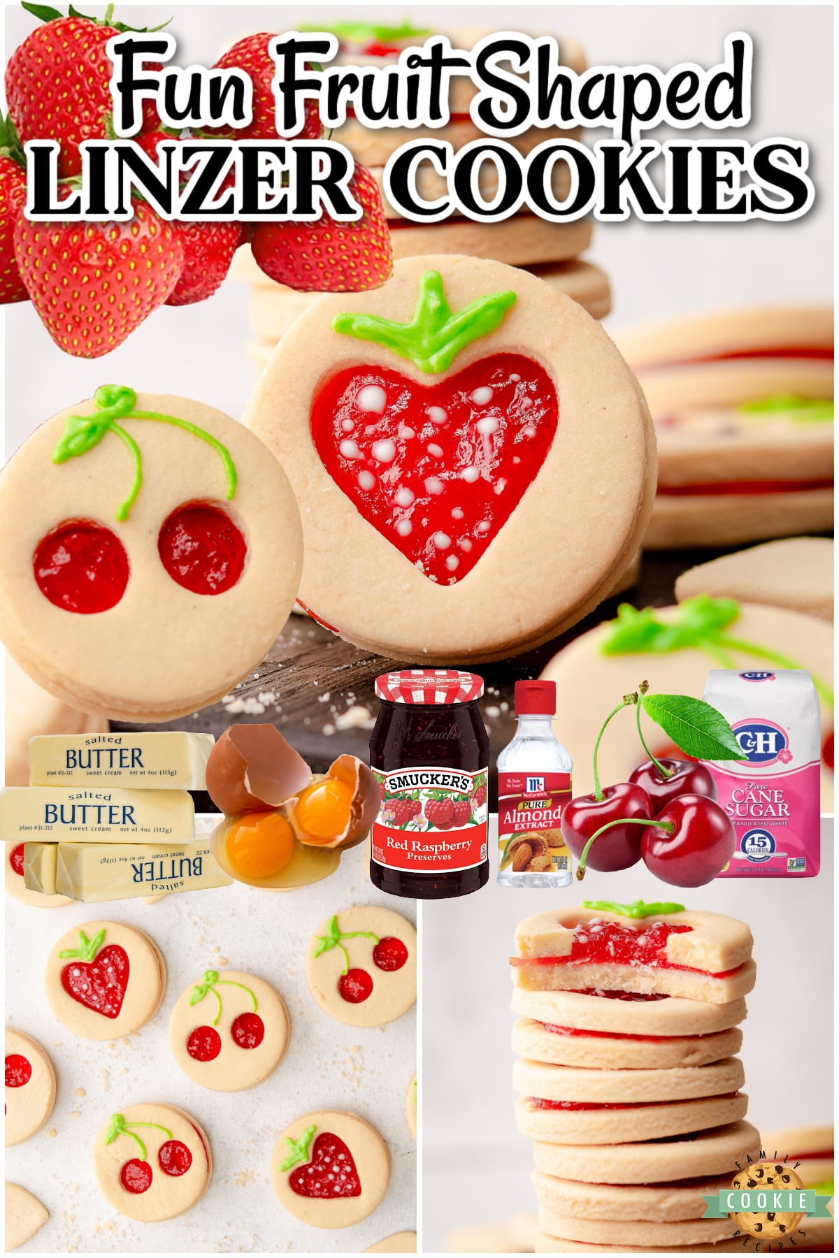 Fruit Shaped Linzer Cookies are traditional Linzer cookies with cherry and strawberry shaped cut-outs! Super cute, beautifully spiced Linzer cookies with jam filling make for a delightful treat! 