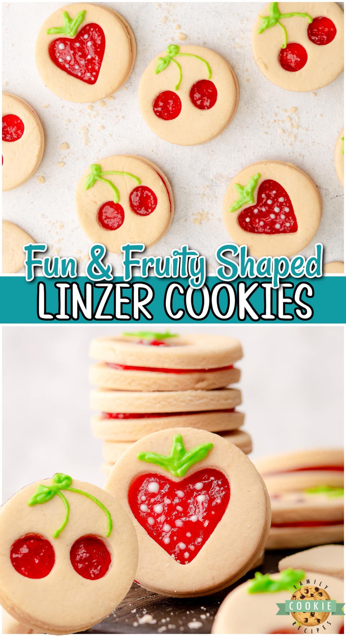 Fruit Shaped Linzer Cookies are traditional Linzer cookies with cherry and strawberry shaped cut-outs! Super cute, beautifully spiced Linzer cookies with jam filling make for a delightful treat! 