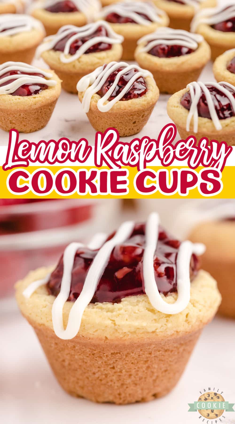 Lemon Raspberry Cookie Cups are made with a simple lemon cookie recipe and raspberry pie filling. Drizzle a little white chocolate on top for a bite sized cookie cup recipe that is impressive and delicious!