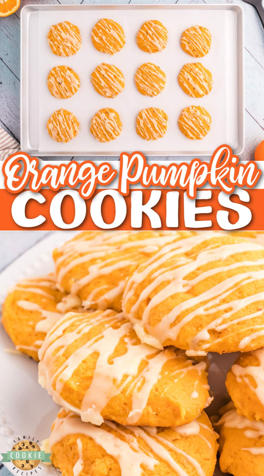 Orange Pumpkin Cookies are soft, chewy and perfect for fall! This pumpkin cookie recipe is topped with a simple orange glaze that complements the pumpkin flavor perfectly. 