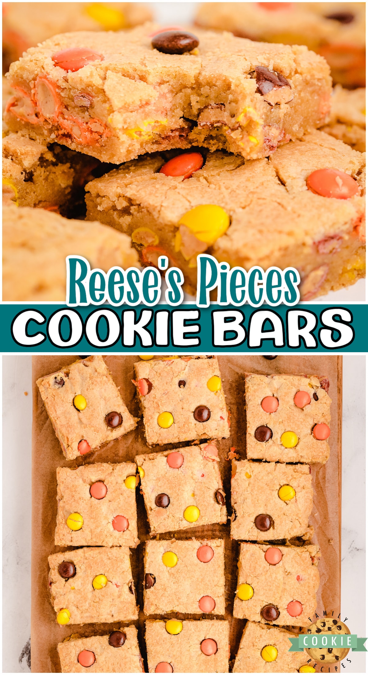 These easy Reese's Cookie Bars are made with Reese's Pieces in a simple cookie dough recipe! Sweet and delightful cookie bars loaded with Reese's candies.
