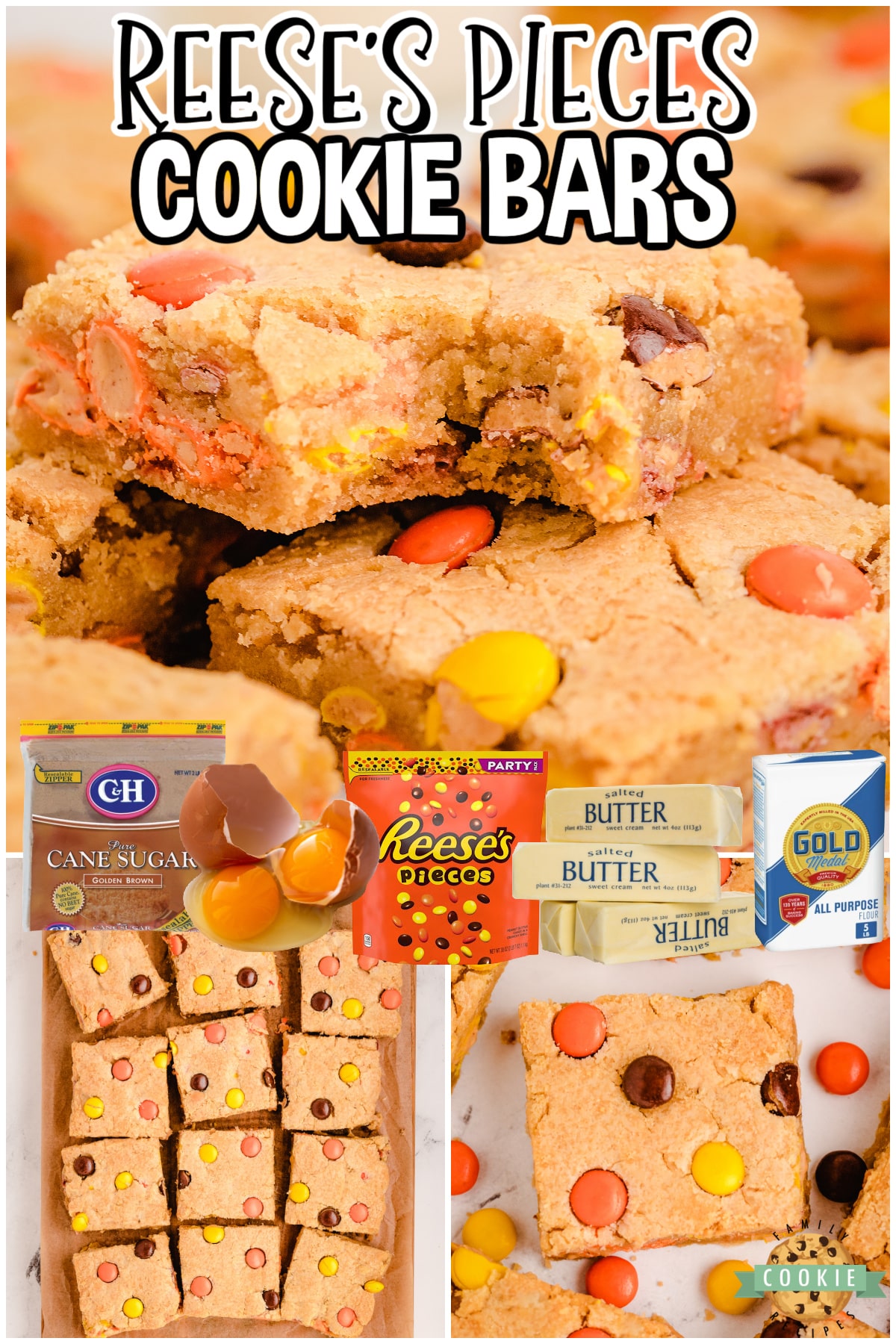 These easy Reese's Cookie Bars are made with Reese's Pieces in a simple cookie dough recipe! Sweet and delightful cookie bars loaded with Reese's candies.