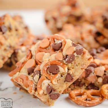 salty sweet butterscotch pretzel cookie bars cut into squares
