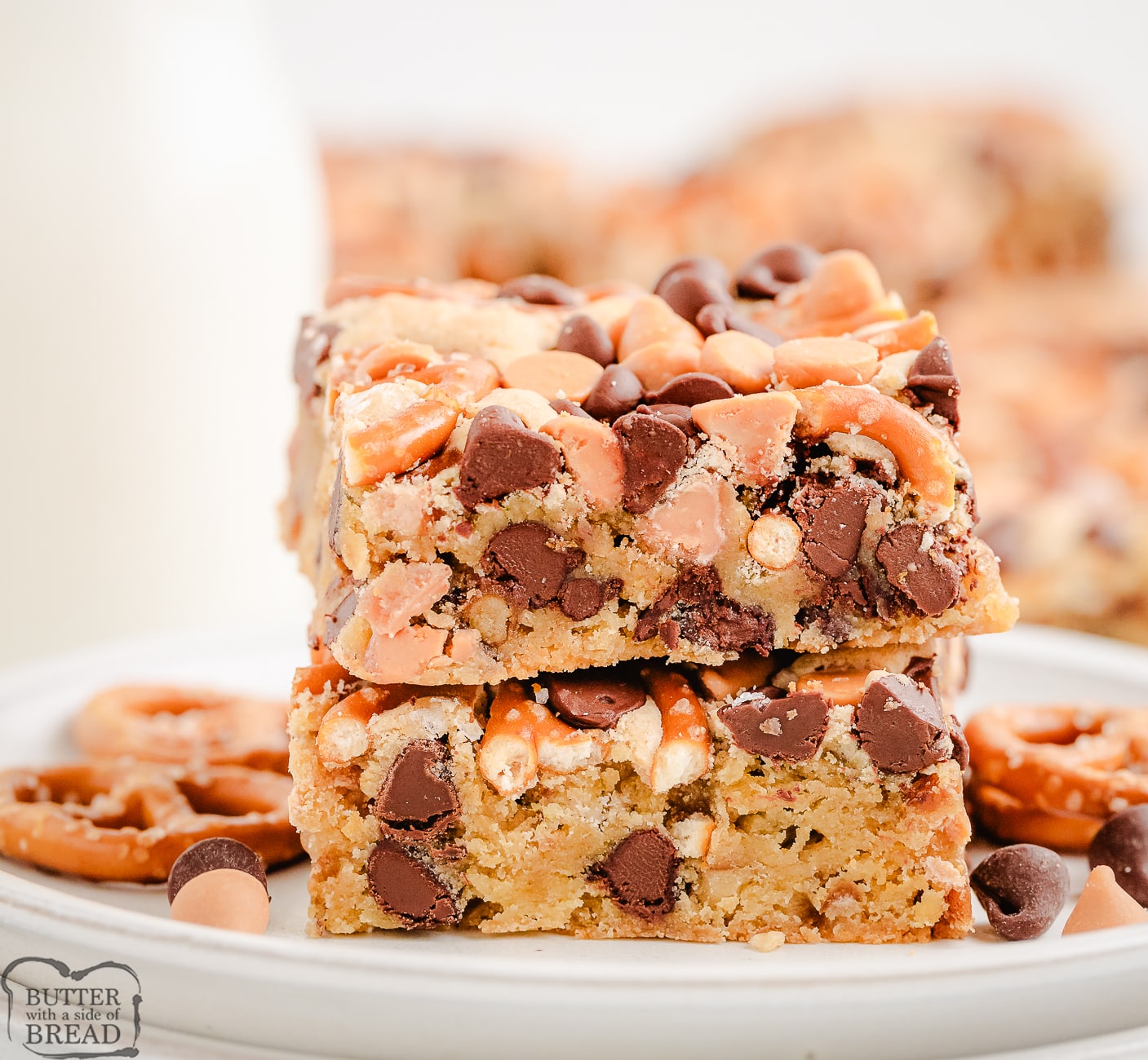 stack of butterscotch pretzel cookie bars