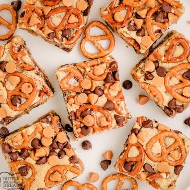 butterscotch cookie bars with pretzels baked on top