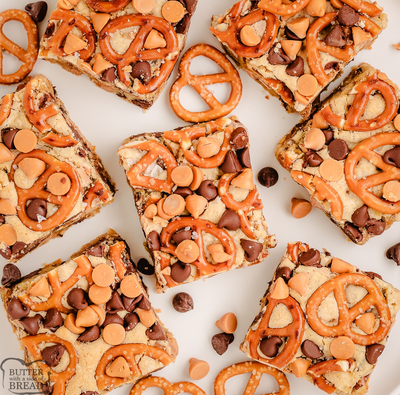 butterscotch cookie bars with pretzels baked on top