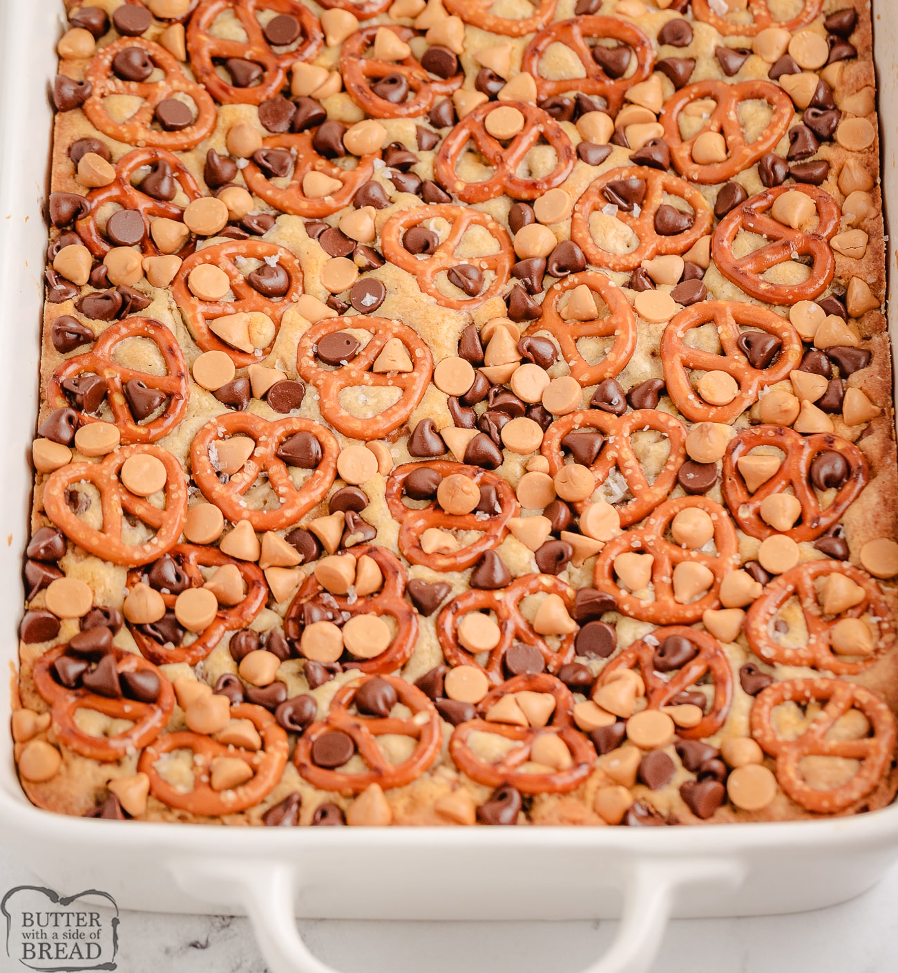 tray of butterscotch pretzel cookie bars