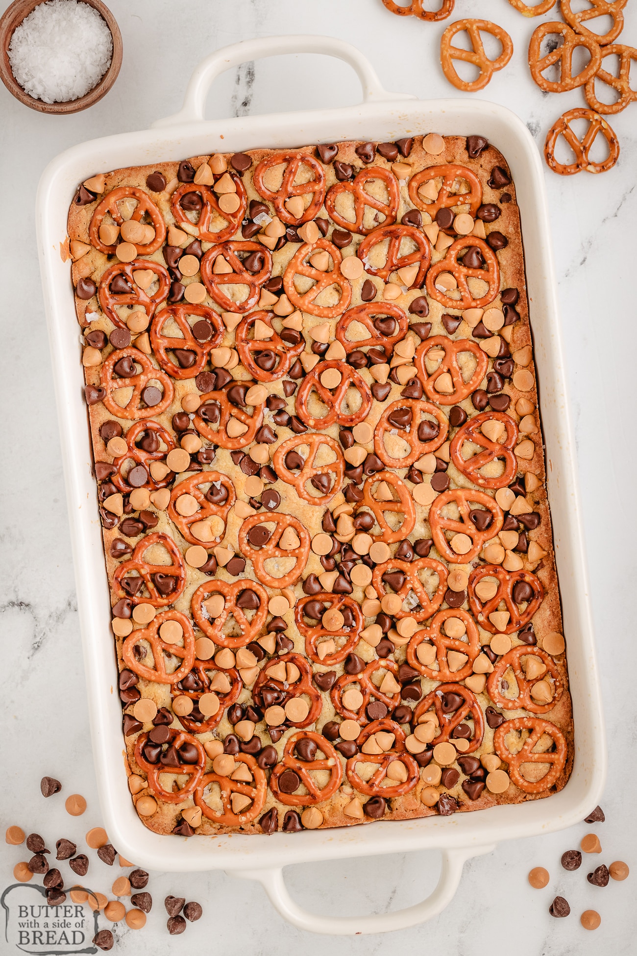 pan of cookie bars made with butterscotch and pretzels