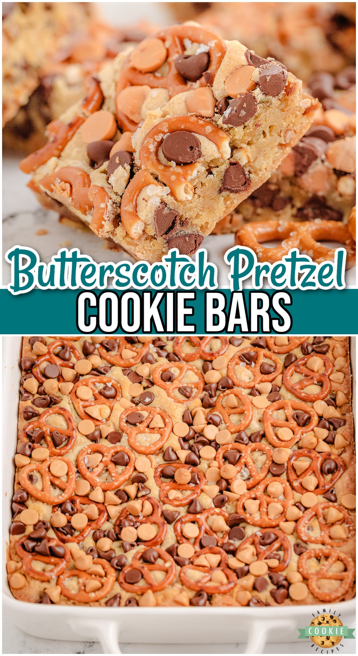 Butterscotch Pretzel Cookie Bars are sweet & salty cookie bars with great butterscotch flavor! Cookie bars loaded with pretzels, chocolate + butterscotch chips that everyone loves!