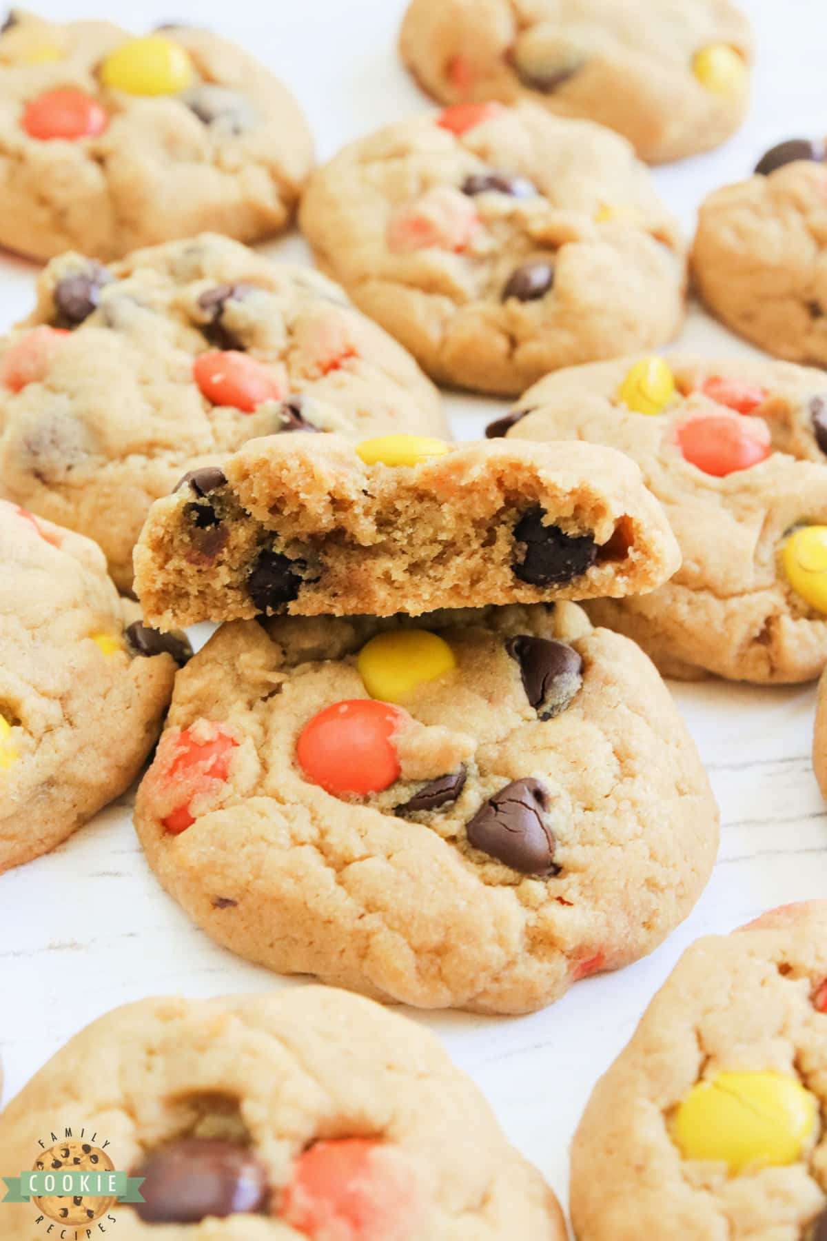 Peanut butter cookie recipe made with Reese's pieces.
