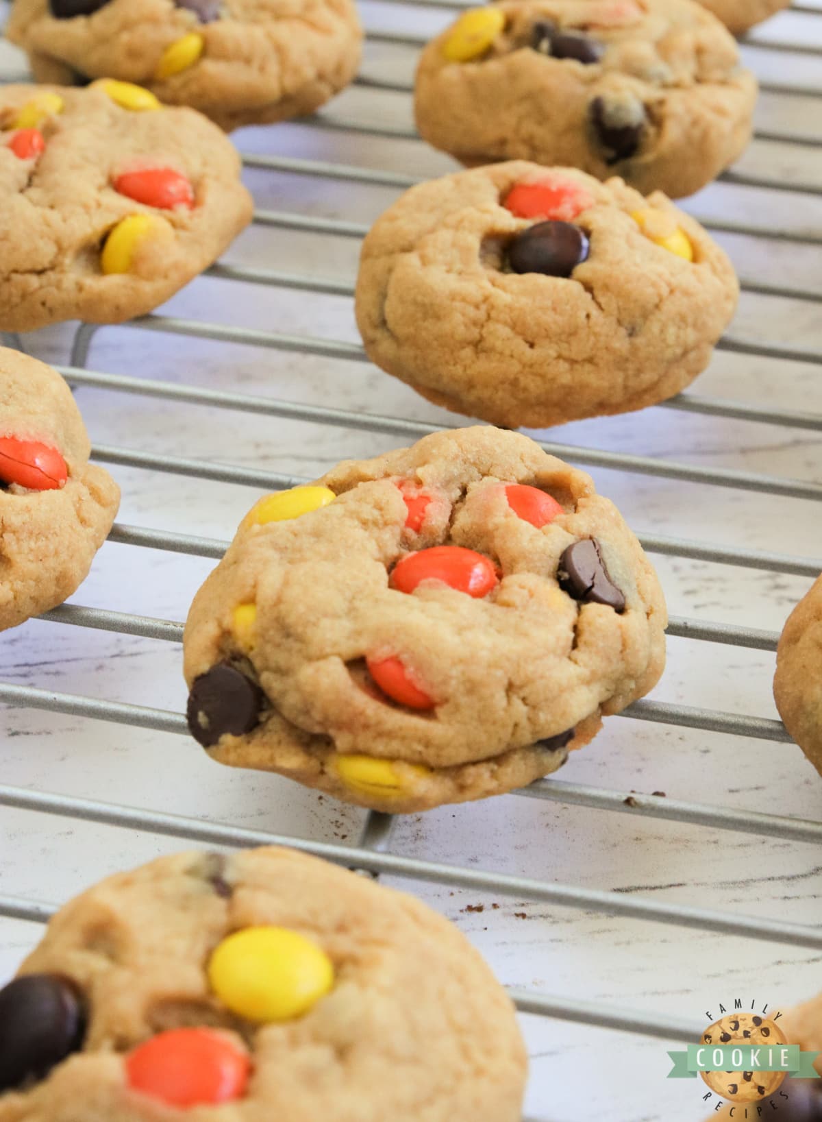 Cream cheese peanut butter cookies with Reese's pieces. 