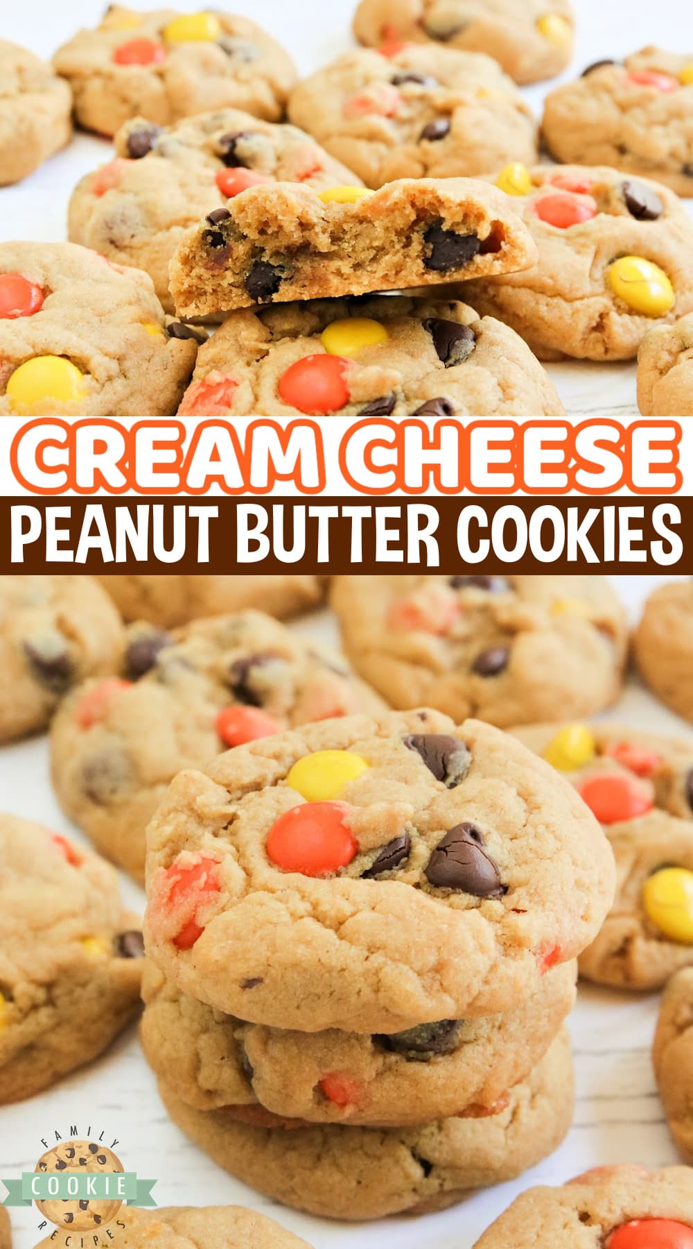 Cream Cheese Peanut Butter Cookies are soft, chewy and packed with peanut butter! Made with Reese's pieces, these peanut butter cookies turn out perfectly every time.