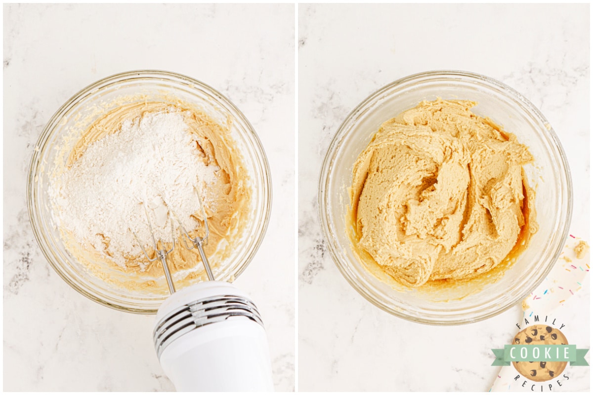 Mixing wet and dry ingredients together in cookie dough