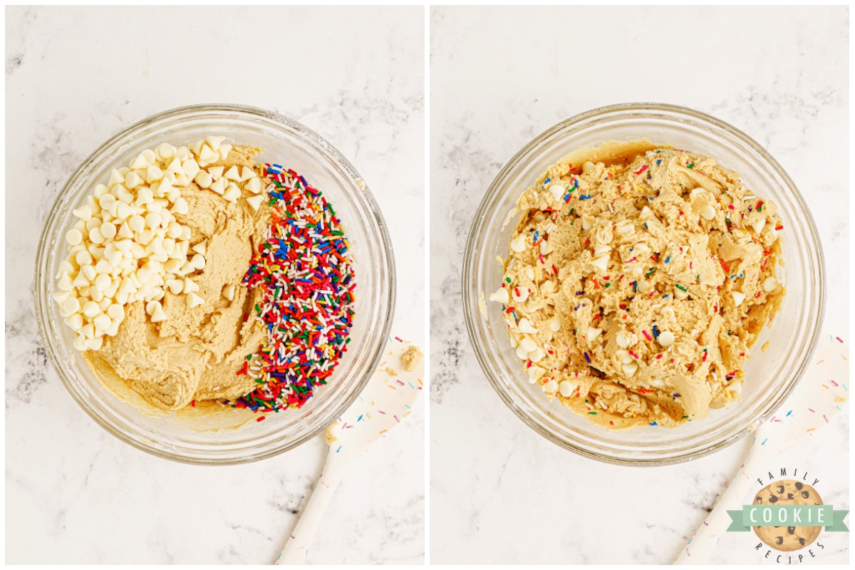 Add sprinkles and white chocolate chips to cookie dough