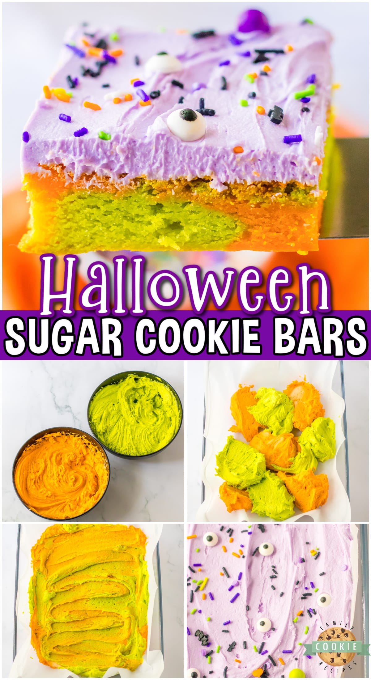 Halloween Sugar Cookie Bars are chewy, marbled cookie bars topped with purple buttercream frosting & spooky sprinkles! A festive treat perfect for Halloween parties!