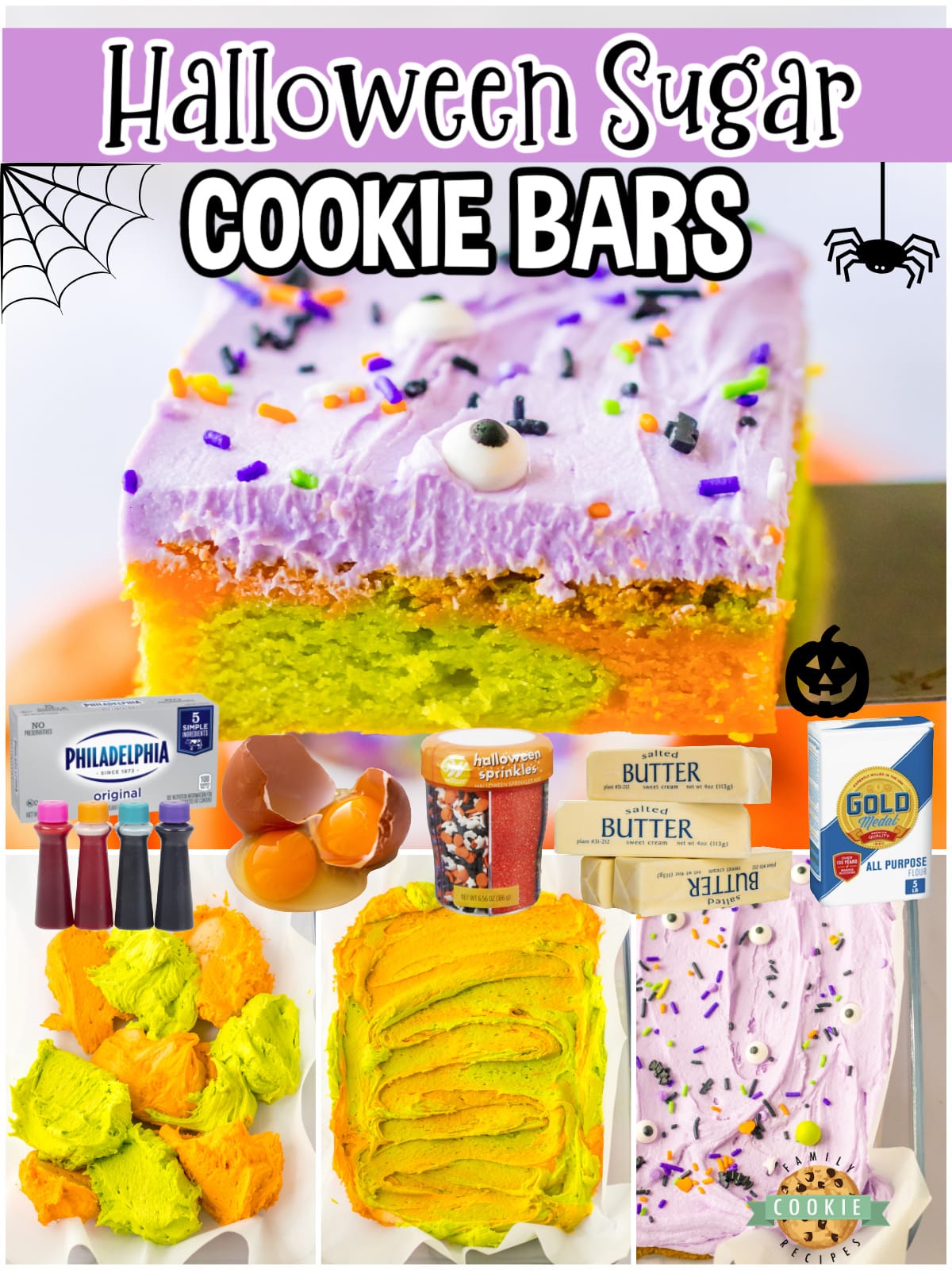 Halloween Sugar Cookie Bars are chewy, marbled cookie bars topped with purple buttercream frosting & spooky sprinkles! A festive treat perfect for Halloween get togethers!