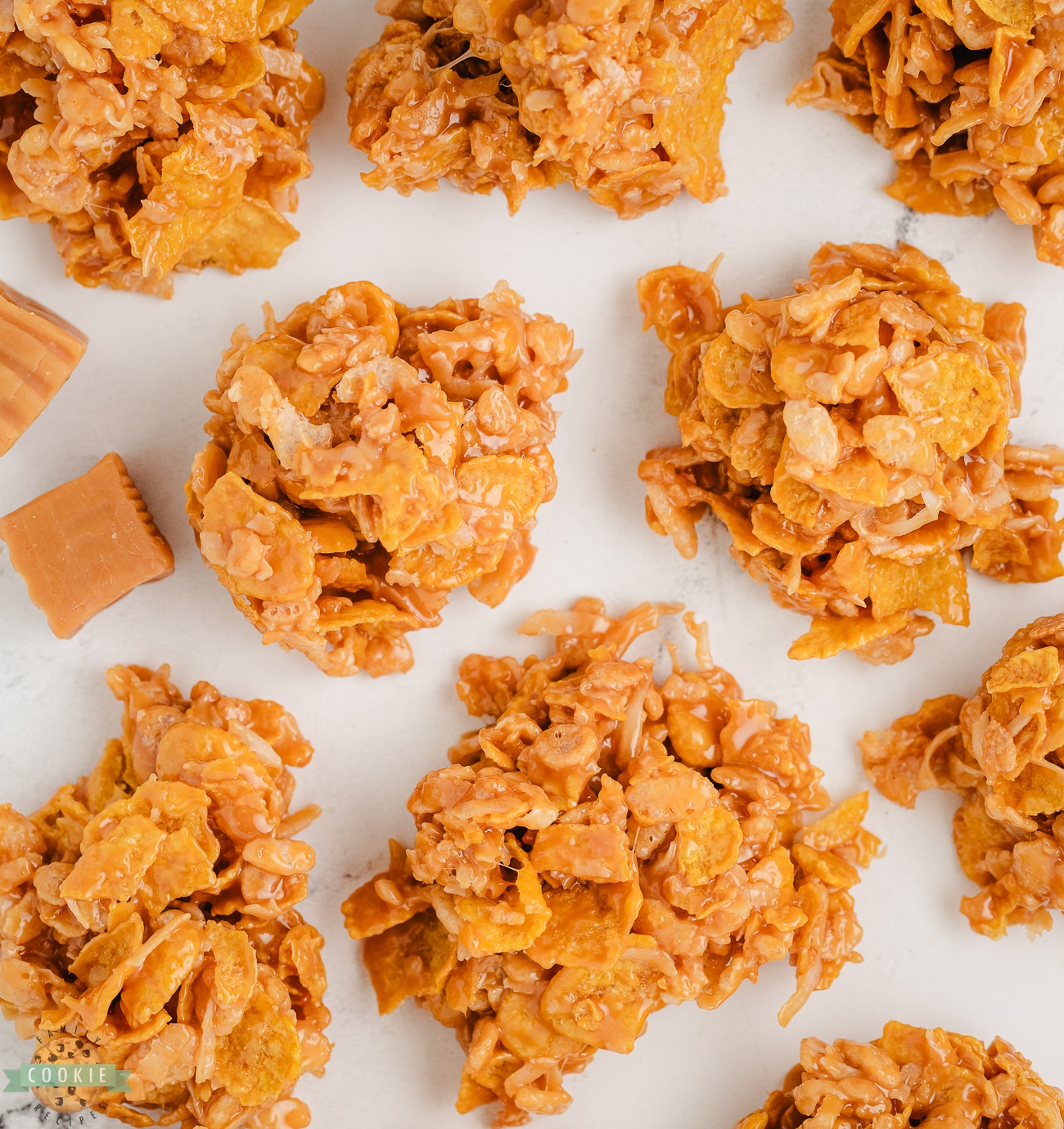 caramel crunch cookies made with rice krispies and cornflakes