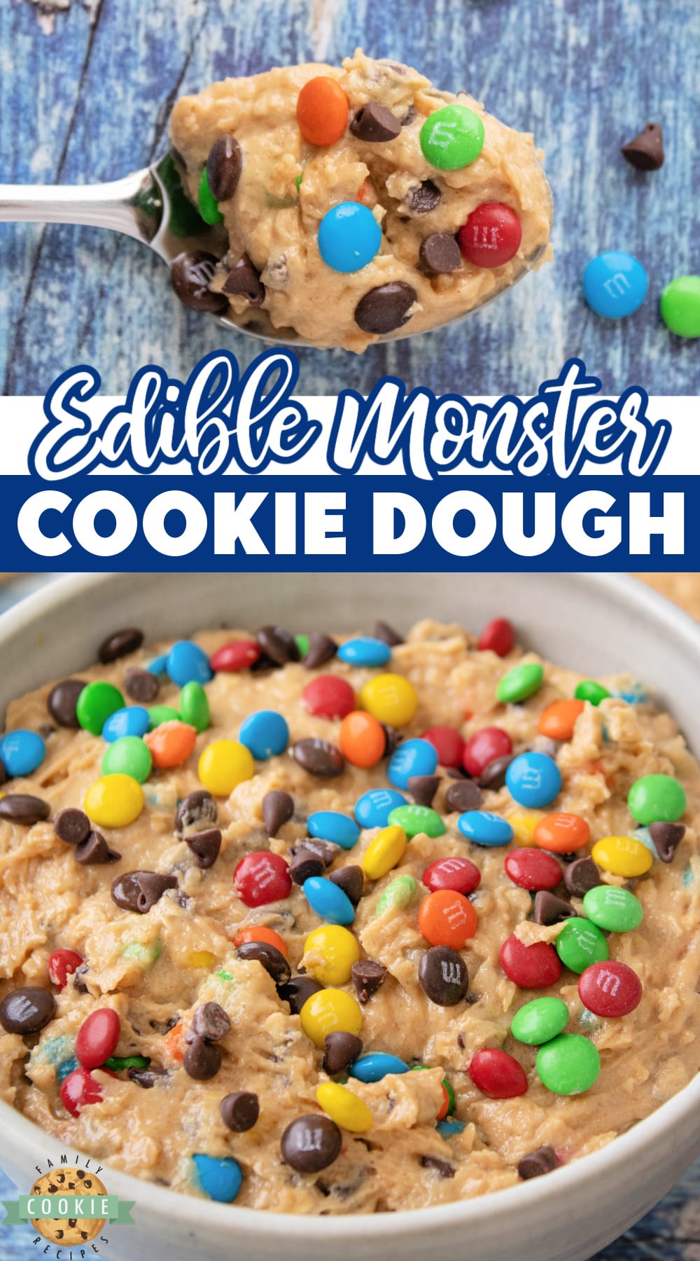 Edible Monster Cookie Dough made with heat-treated flour, no eggs and all of the peanut butter cookie dough flavor that you love. Monster cookie dough that is completely safe to eat!