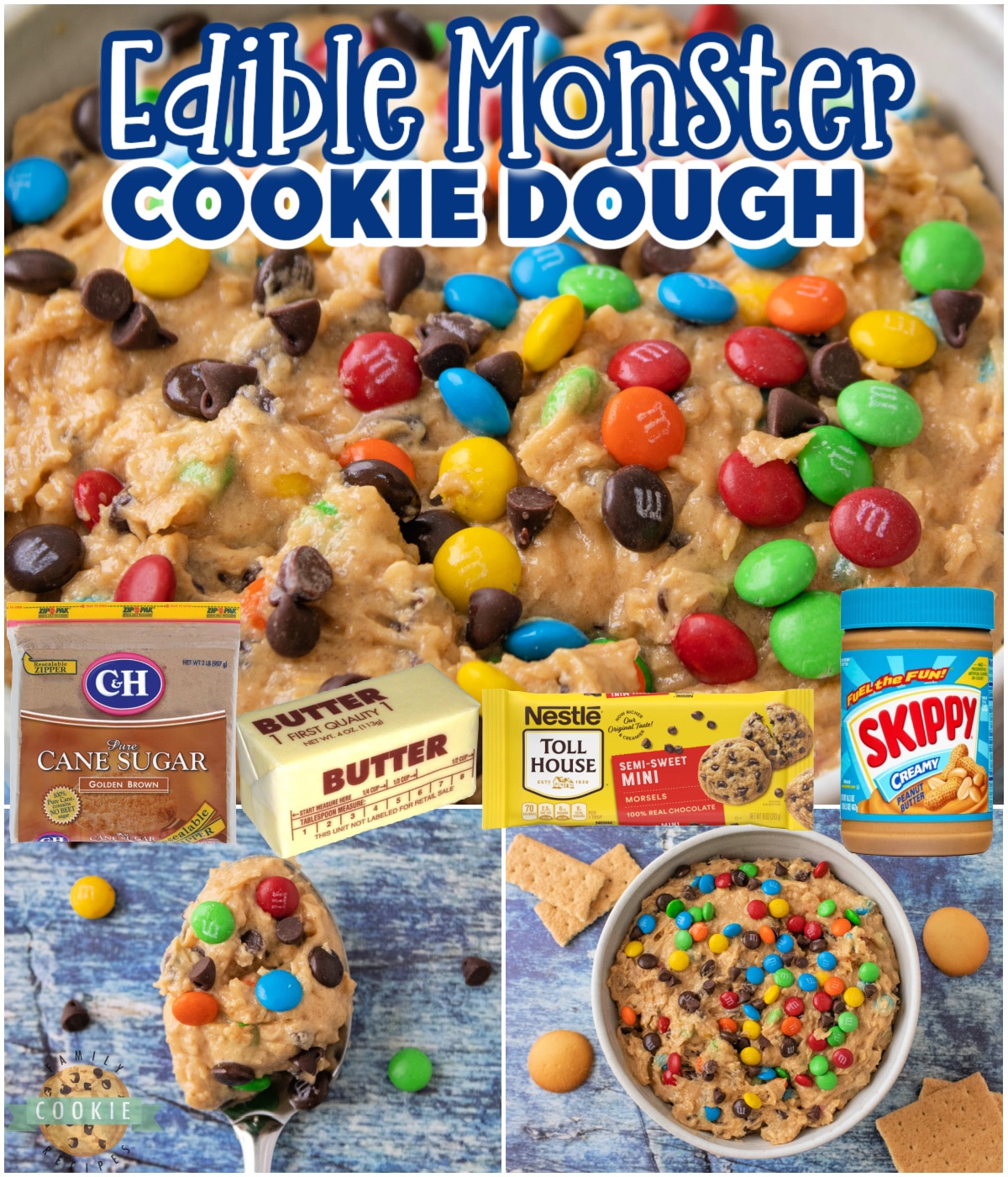 Edible Monster Cookie Dough made with heat-treated flour, no eggs and all of the peanut butter cookie dough flavor that you love. Monster cookie dough that is completely safe to eat!