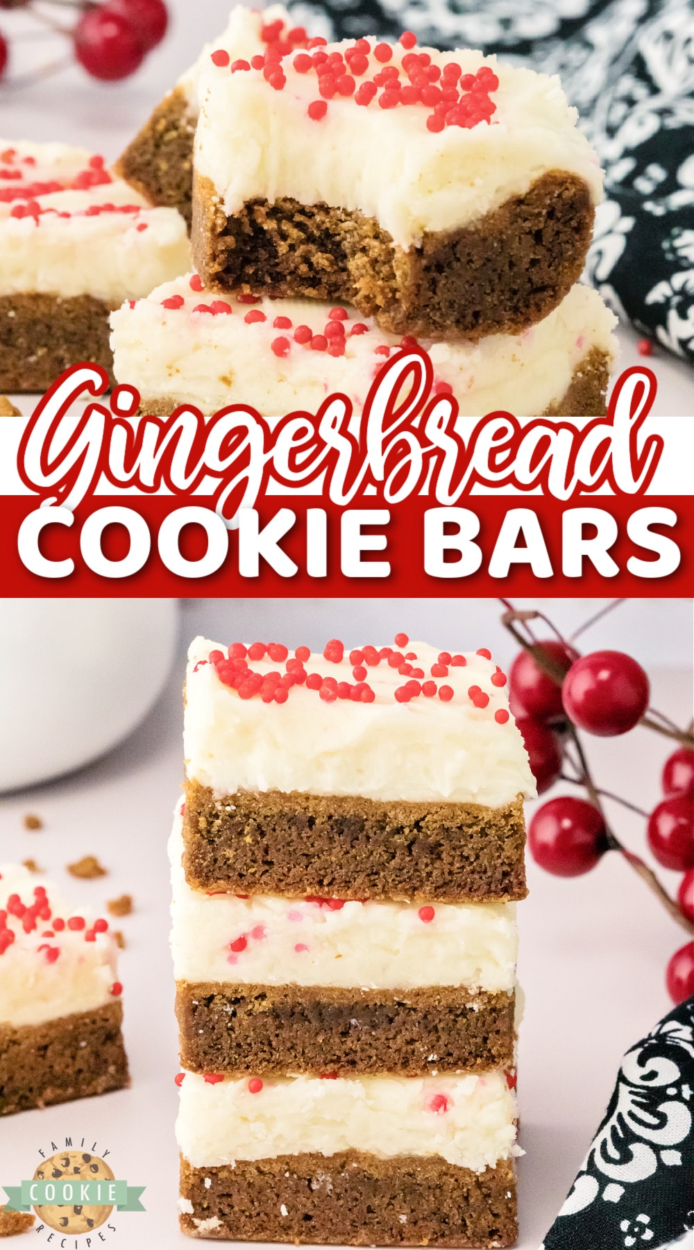 Gingerbread Cookie Bars are soft, thick, perfectly spiced and easy to make when you don't have time to scoop out individual cookies. Topped with cream cheese frosting, these gingerbread cookie bars are a big hit during the holiday season!  