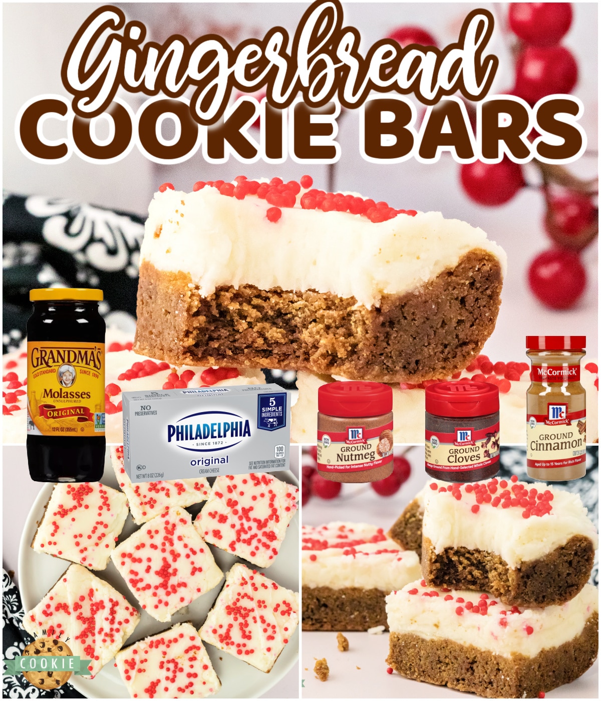 Gingerbread Cookie Bars are soft, thick, perfectly spiced and easy to make when you don't have time to scoop out individual cookies. Topped with cream cheese frosting, these gingerbread cookie bars are a big hit during the holiday season!  