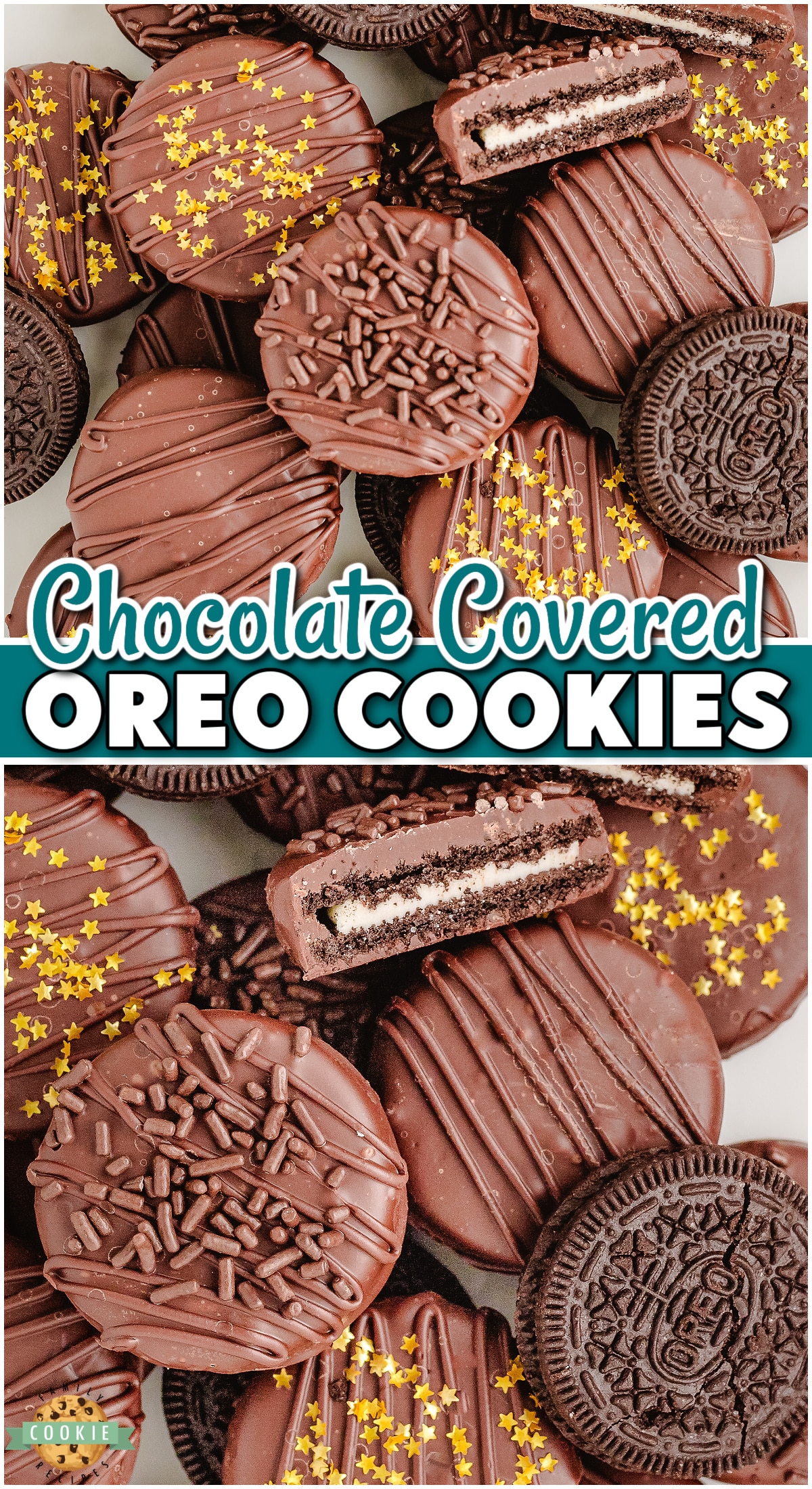 Chocolate dipped Oreos made with a few simple ingredients for an easy, decadent treat! Drizzle them in chocolate, top them with sprinkles & enjoy! 
