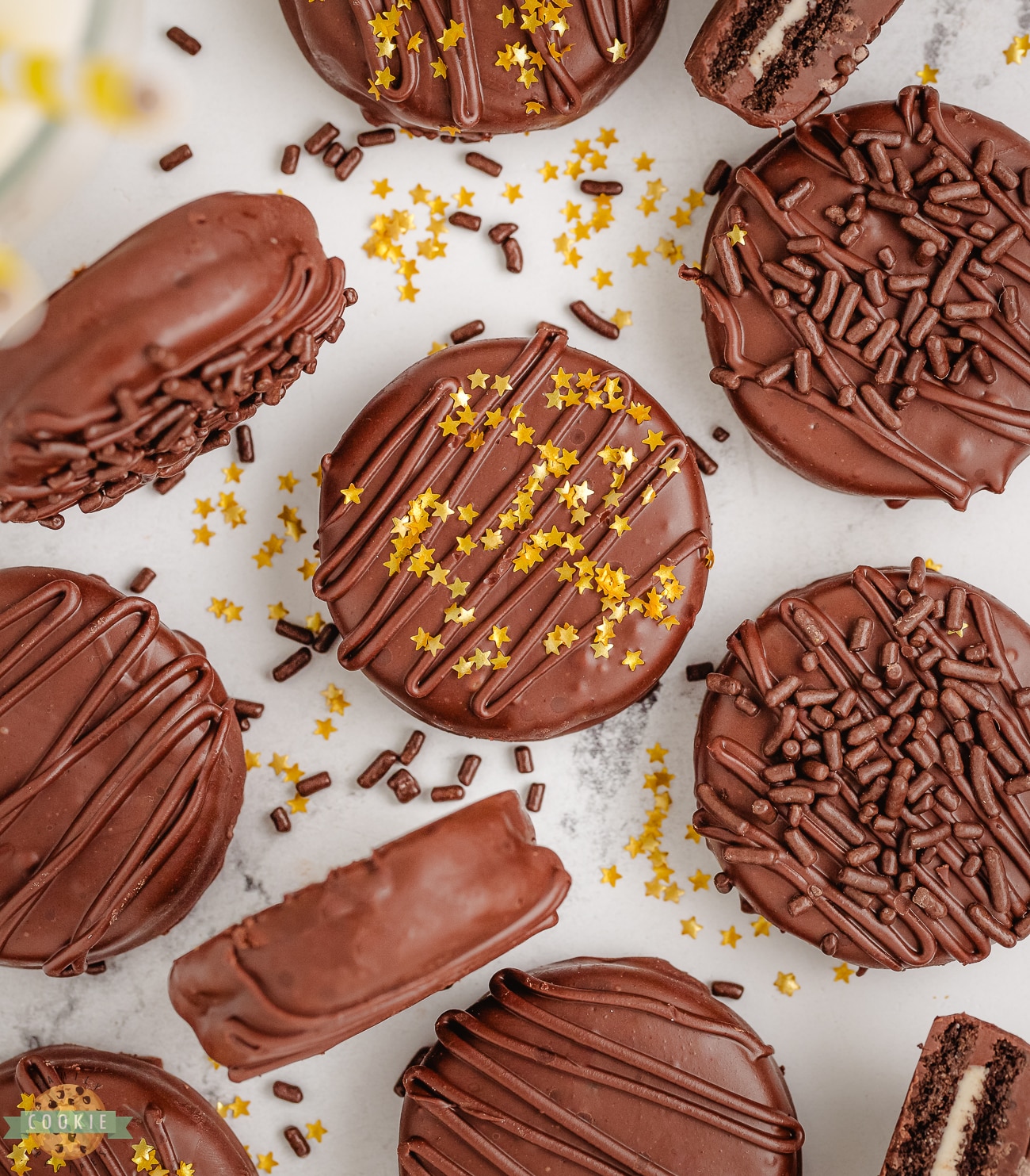 chocolate covered oreos with gold stars