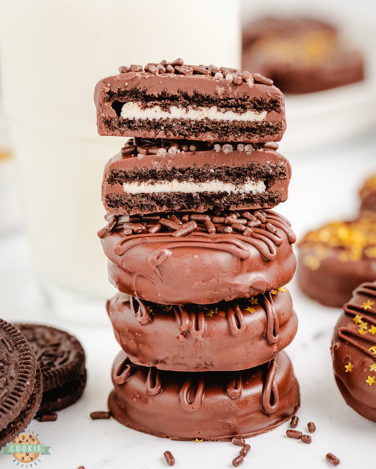 stack of chocolate covered oreos