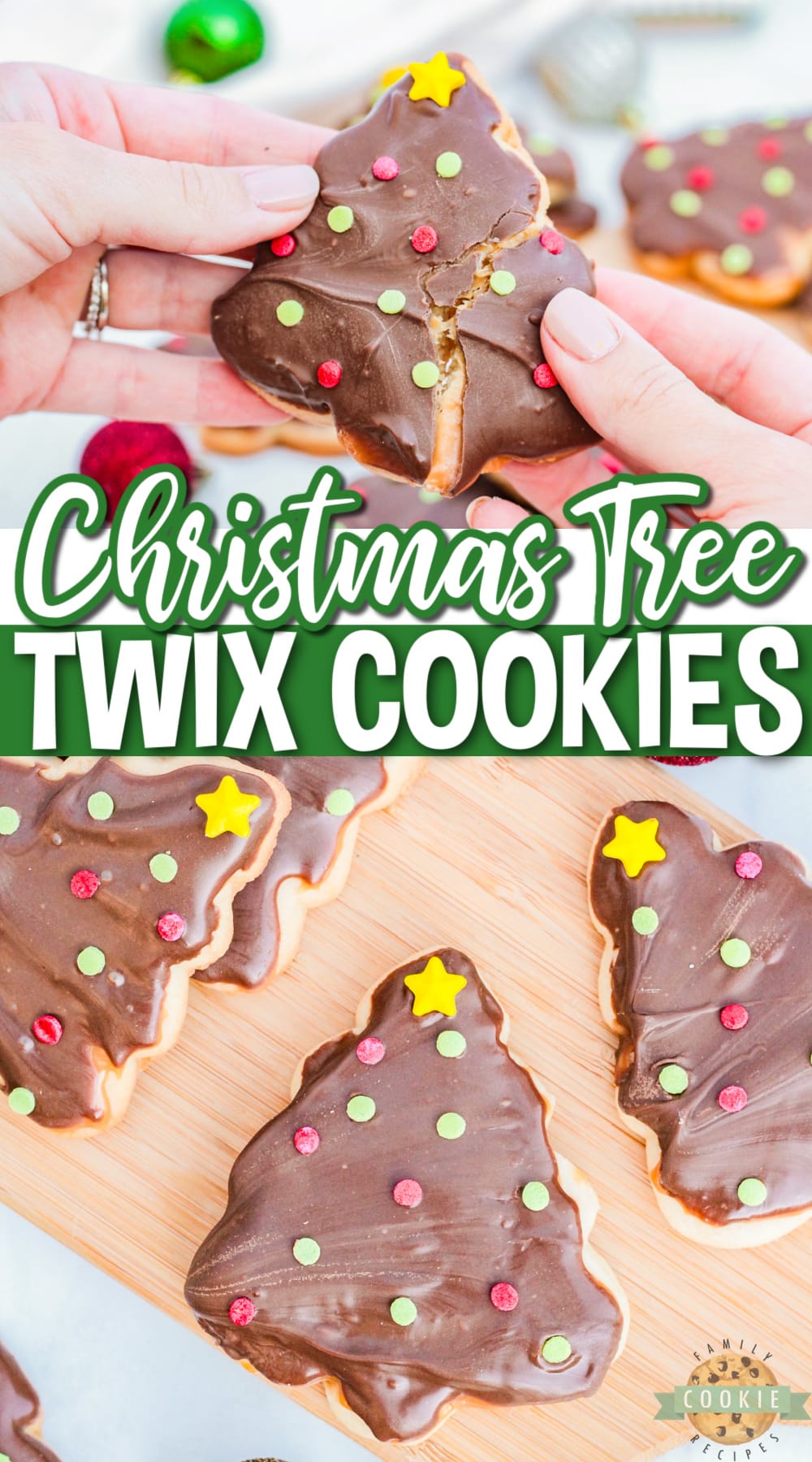 Christmas Tree Twix Cookies are made with a simple sugar cookie topped with caramel, chocolate, and festive sprinkles. Delicious holiday cookies that taste just like your favorite candy bar!