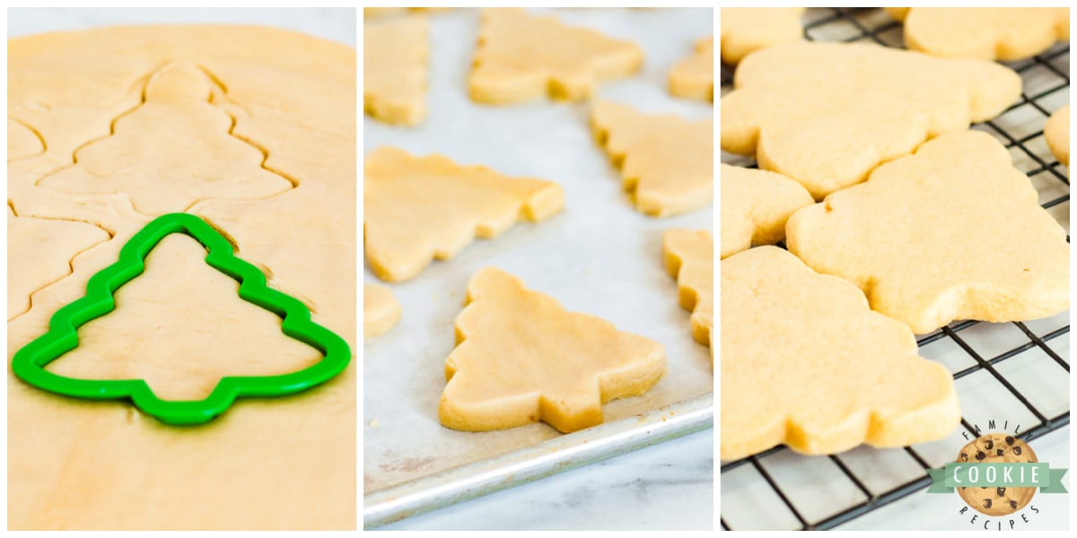Cutting out christmas tree sugar cookies.