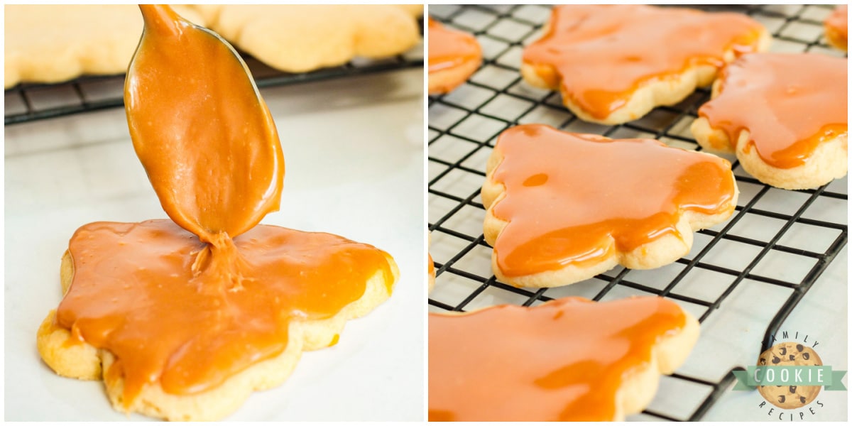 Spreading melted caramel on top of cookies.