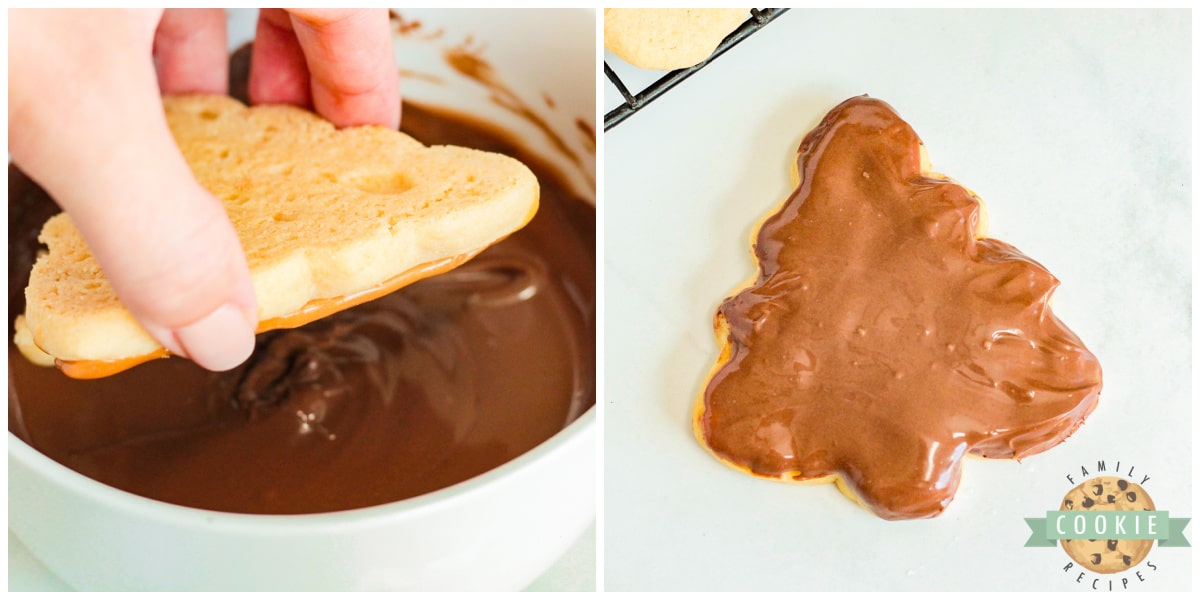 Dipping cookies in melted chocolate. 