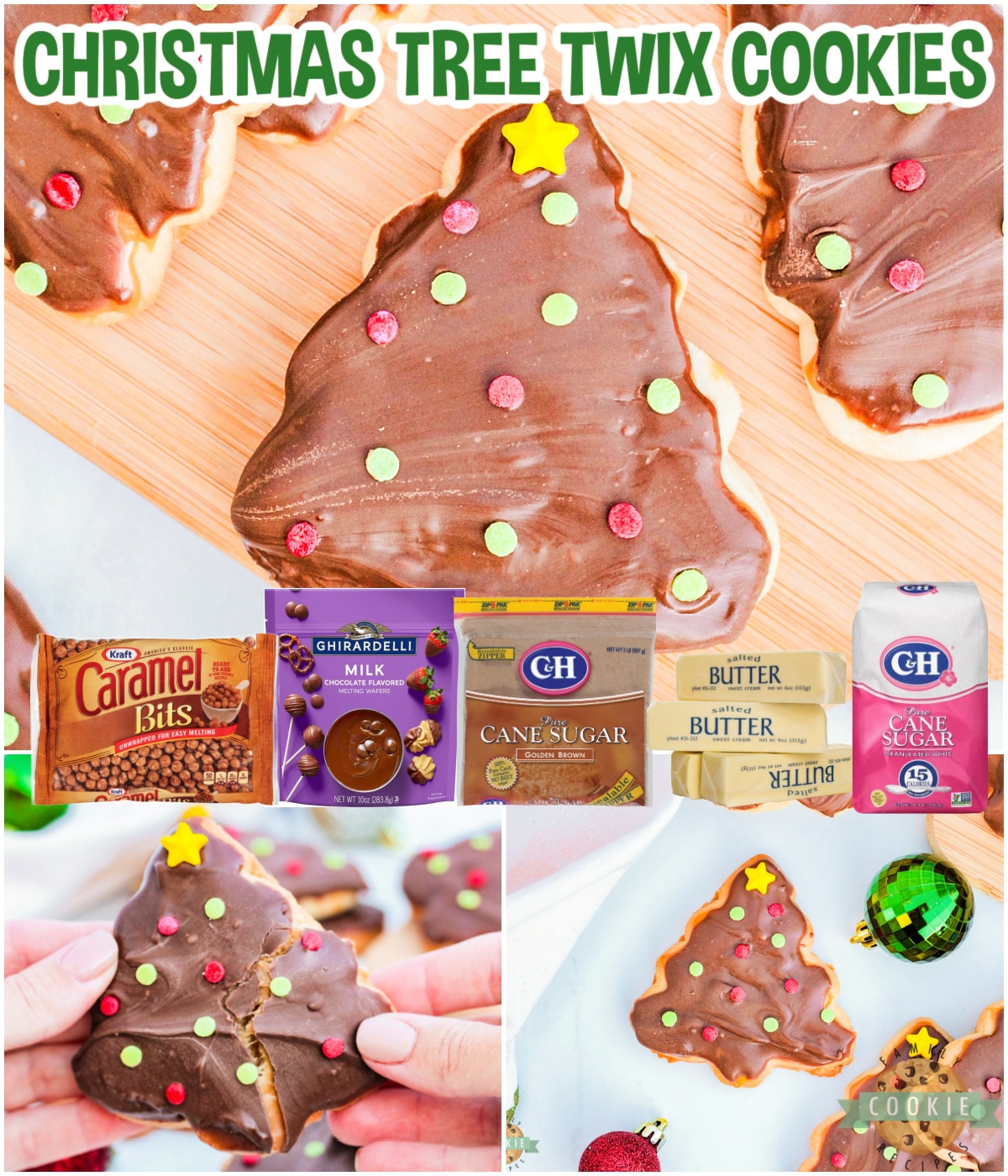 Christmas Tree Twix Cookies are made with a simple sugar cookie topped with caramel, chocolate, and festive sprinkles. Delicious holiday cookies that taste just like your favorite candy bar!