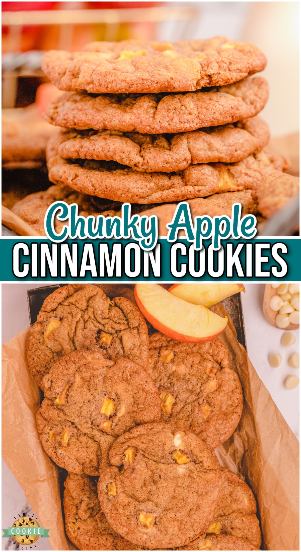 Apple Cinnamon Cookies are made with chunks of fresh apples, warm spices & white chocolate chips for the perfect Fall cookie! 