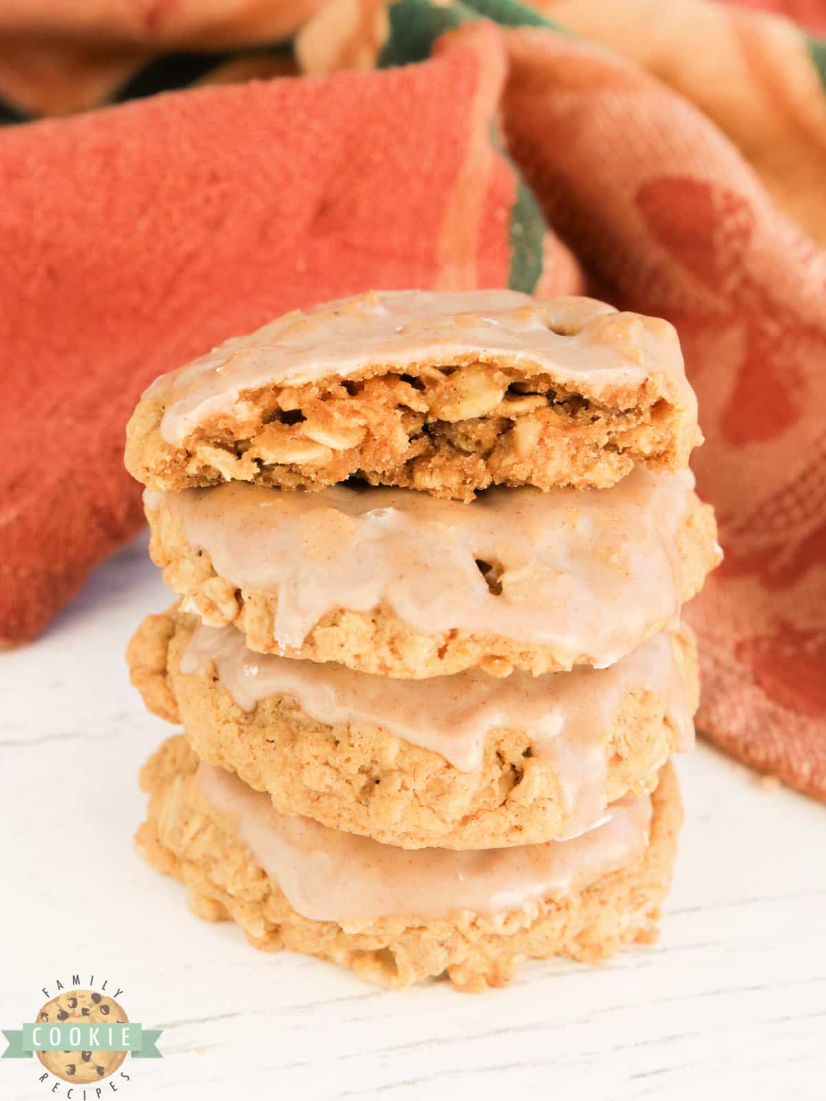 Stack of oatmeal cookies made with pumpkin and a cinnamon sugar glaze. 