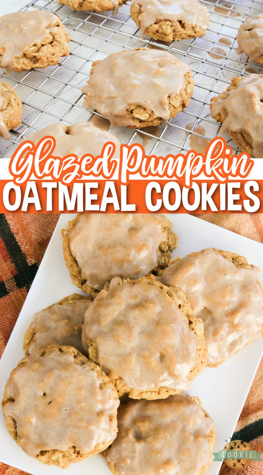 Glazed Pumpkin Oatmeal Cookies are soft, chewy oatmeal cookies packed with pumpkin and topped with a simple cinnamon sugar icing. The perfect cookie for fall!