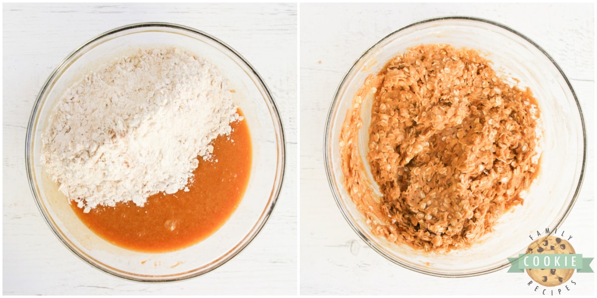 Mixing wet and dry ingredients together to make pumpkin oatmeal cookie dough. 