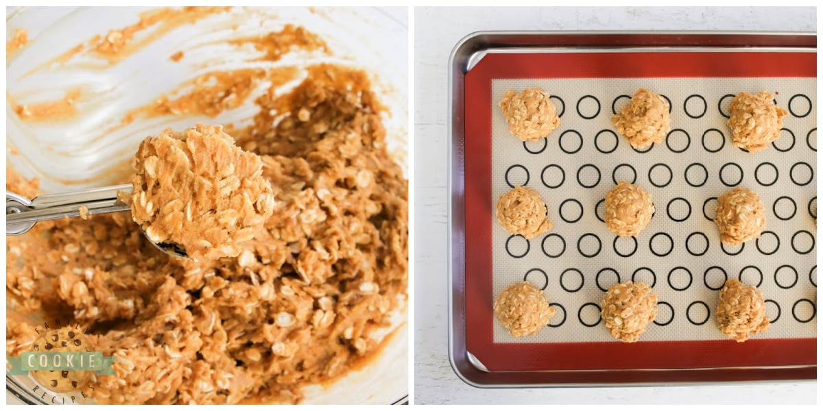 Scooping pumpkin oatmeal cookies with a cookie scoop. 