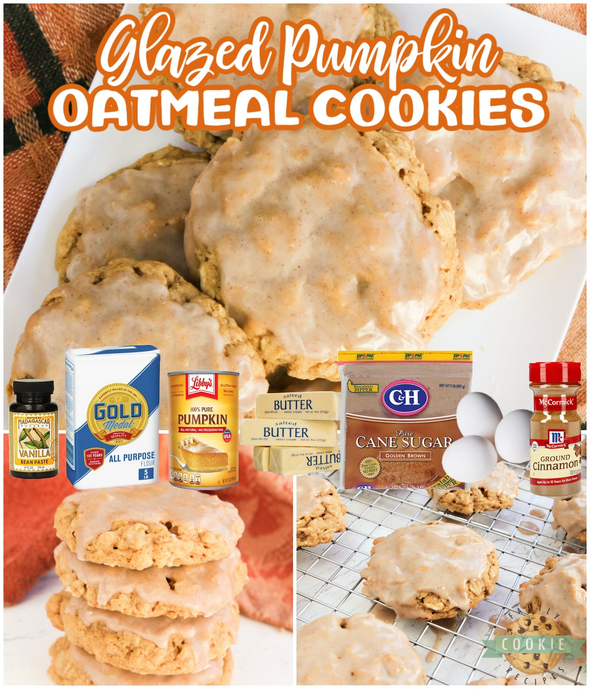 Glazed Pumpkin Oatmeal Cookies are soft, chewy oatmeal cookies packed with pumpkin and topped with a simple cinnamon sugar icing. The perfect cookie for fall!