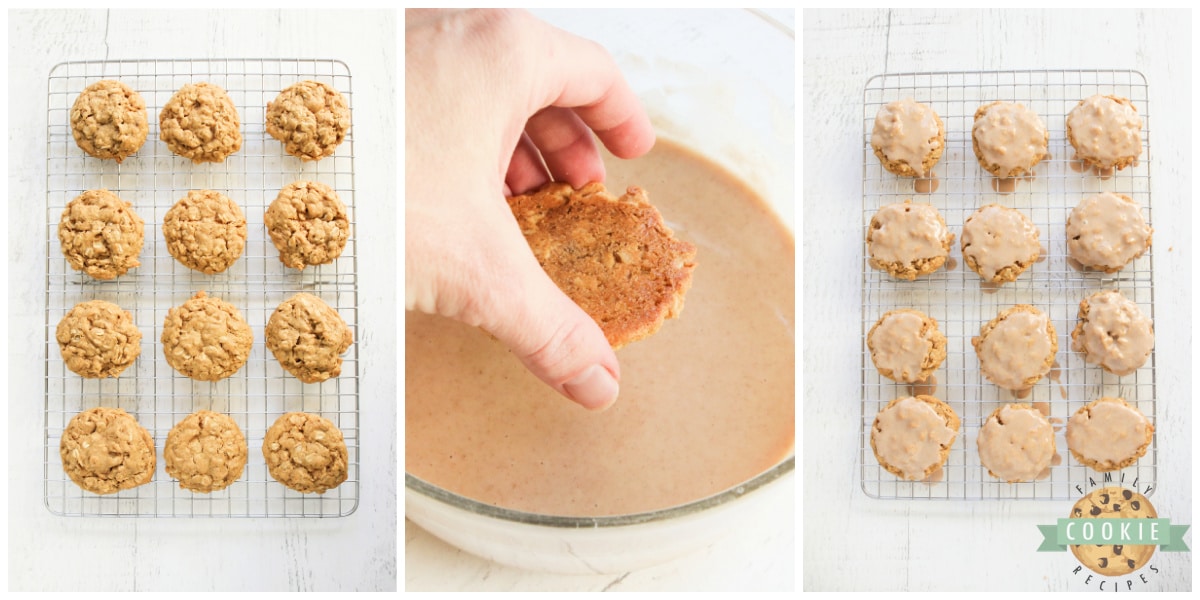 Dipping the top of the cookies in cinnamon sugar glaze. 