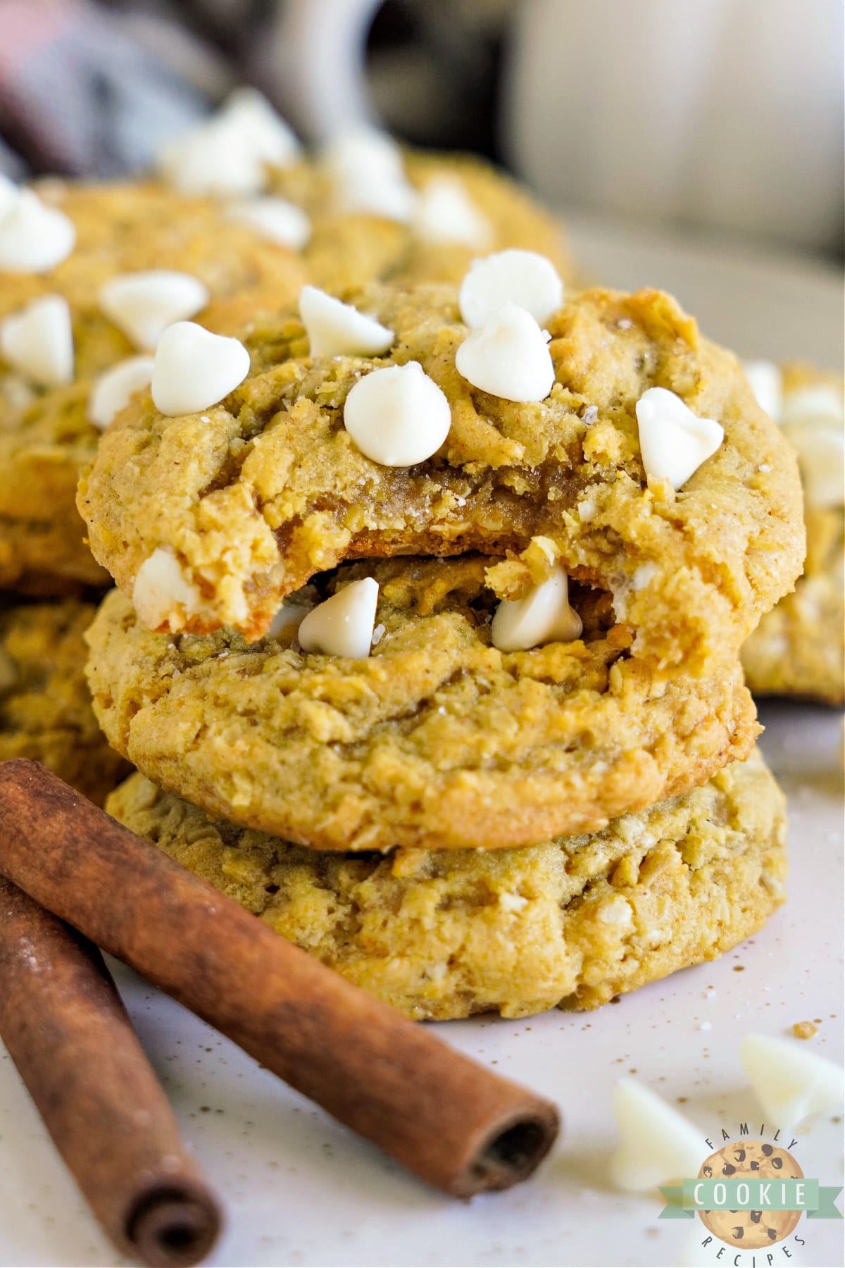 White Chocolate Chip Pumpkin Oatmeal Cookies are soft, chewy and perfect for fall. Delicious pumpkin cookie recipe packed with oatmeal and white chocolate chips. 