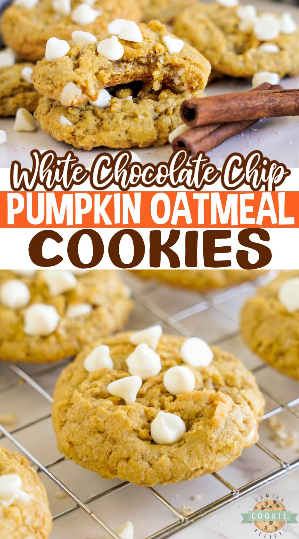 White Chocolate Chip Pumpkin Oatmeal Cookies are soft, chewy and perfect for fall. Delicious pumpkin cookie recipe packed with oatmeal and white chocolate chips. 